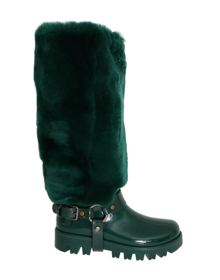 Green Rubber Lapin Fur Rain Boots