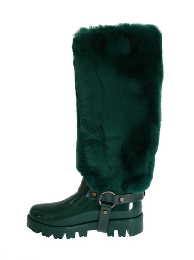 Green Rubber Lapin Fur Rain Boots