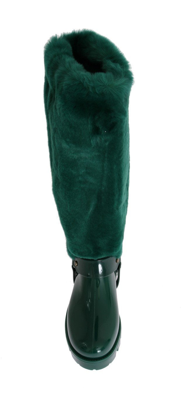 Green Rubber Lapin Fur Rain Boots