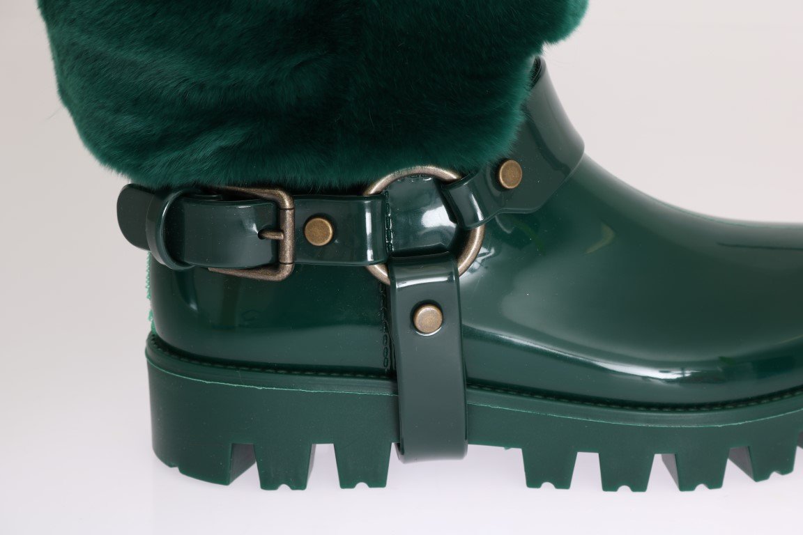 Green Rubber Lapin Fur Rain Boots