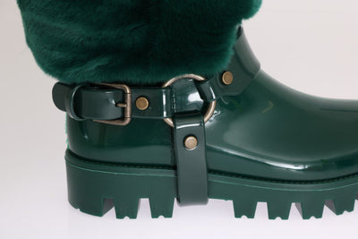 Green Rubber Lapin Fur Rain Boots