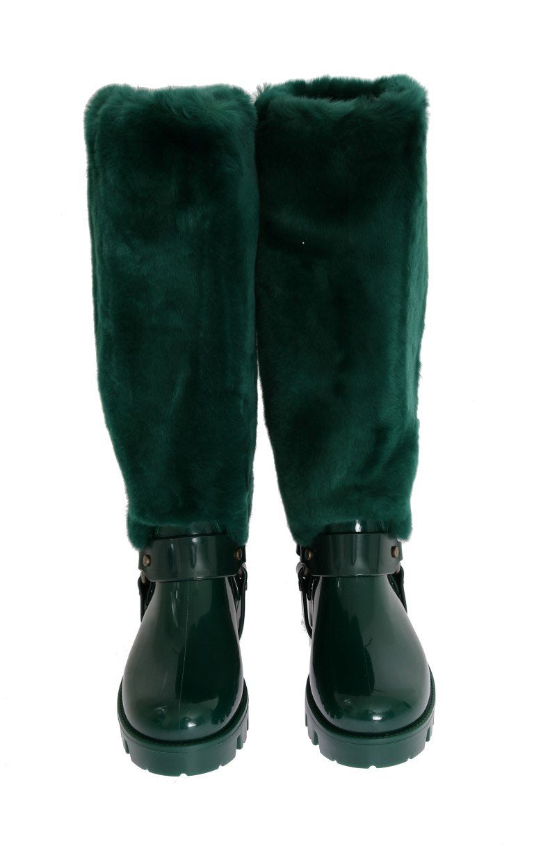 Green Rubber Lapin Fur Rain Boots