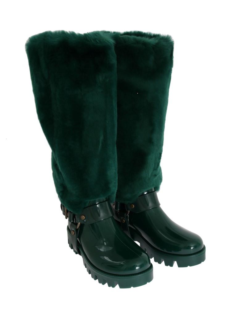 Green Rubber Lapin Fur Rain Boots