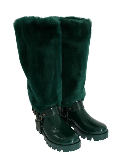 Green Rubber Lapin Fur Rain Boots