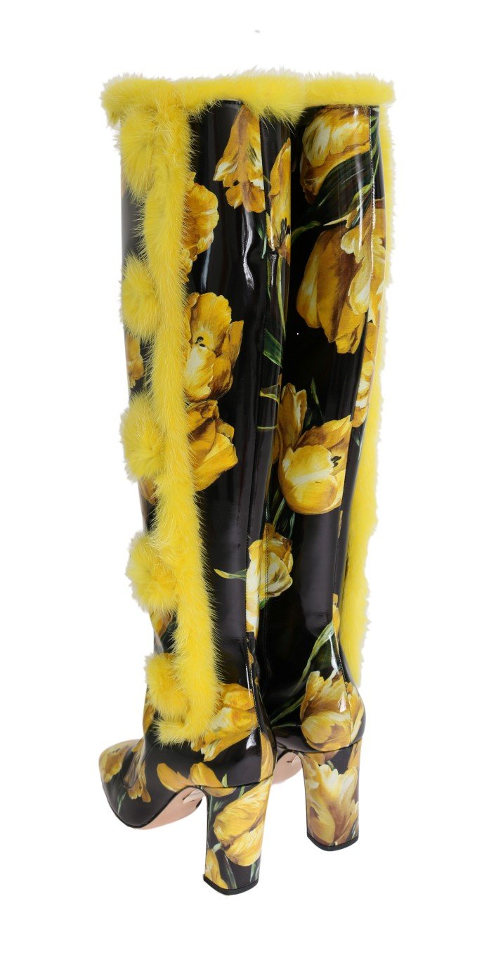 Yellow Tulip Print Leather Fur Boots