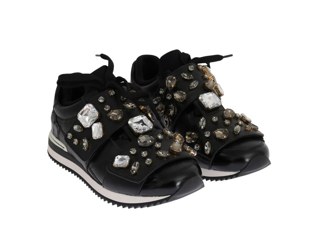 Black Crystal Leather Sneakers
