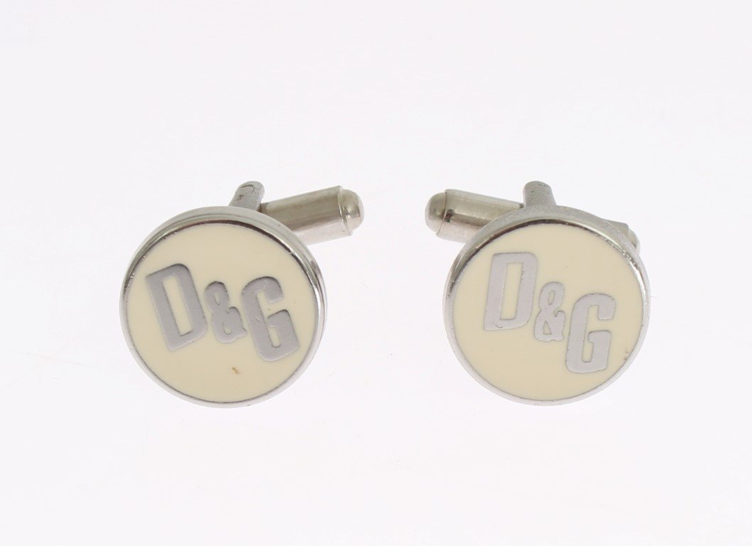 Beige Silver Brass Branded Round Cufflinks
