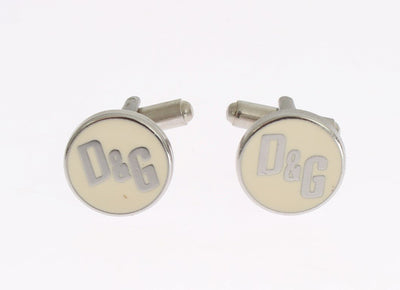 Beige Silver Brass Branded Round Cufflinks