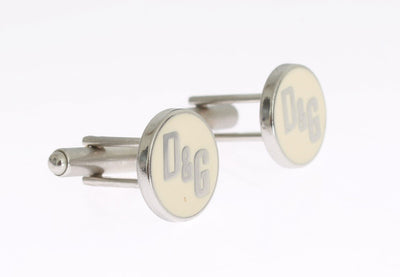 Beige Silver Brass Branded Round Cufflinks