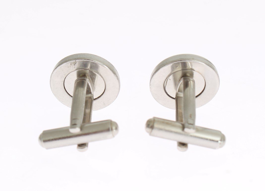 Beige Silver Brass Branded Round Cufflinks