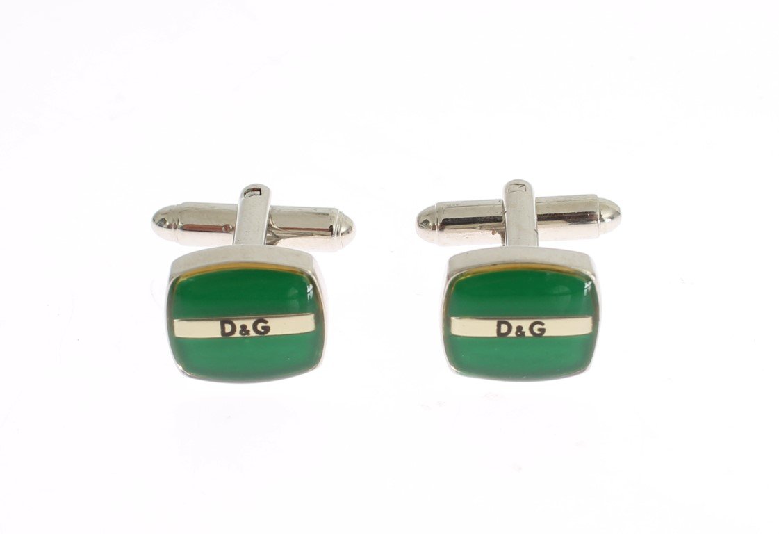 Green Silver Brass Branded Round Cufflinks