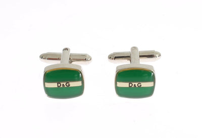 Green Silver Brass Branded Round Cufflinks