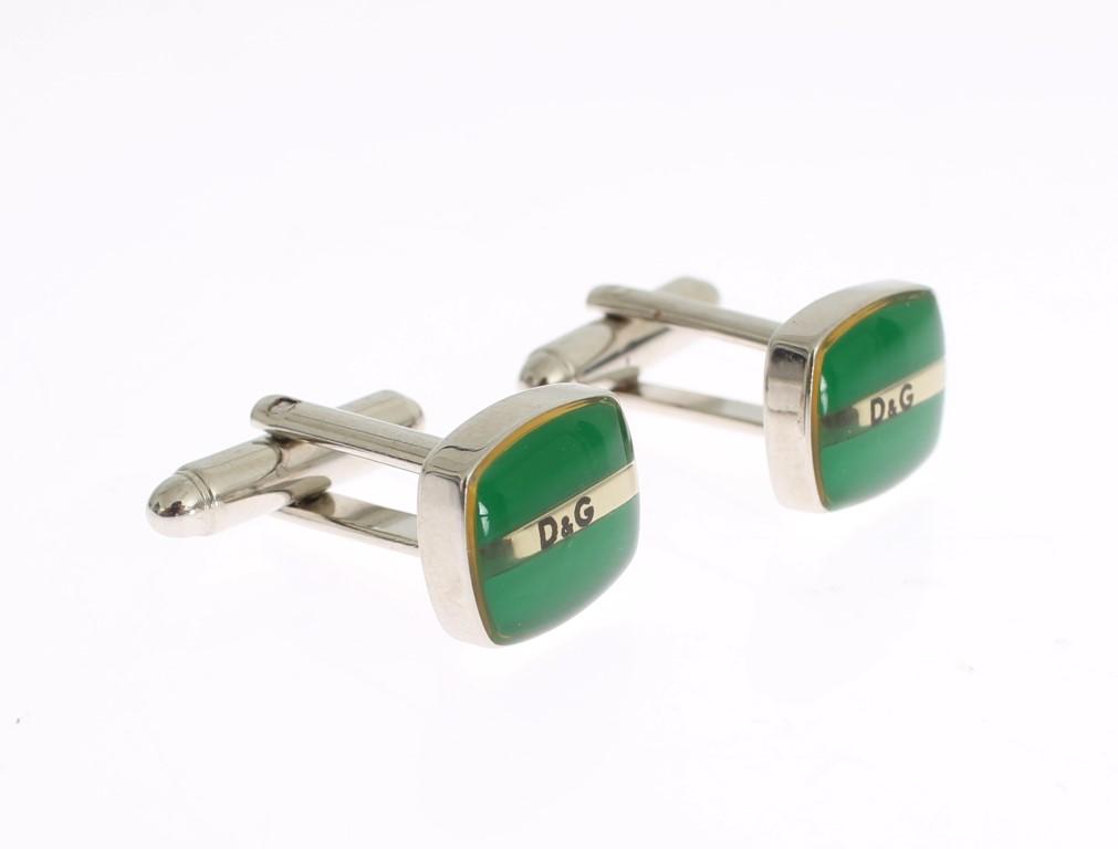 Green Silver Brass Branded Round Cufflinks