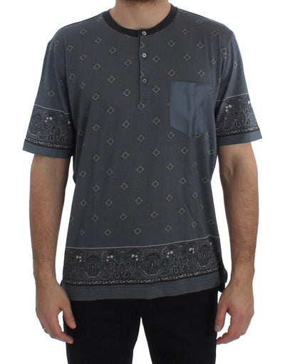 Blue Cotton Silk Baroque Henley T-shirt