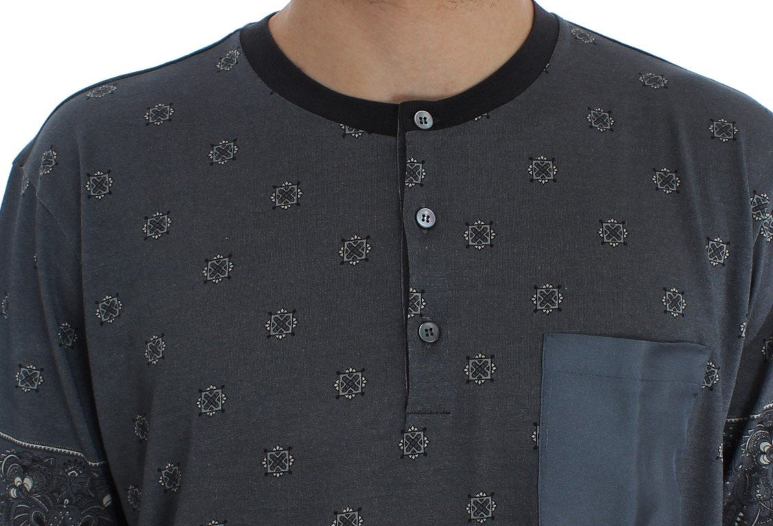 Blue Cotton Silk Baroque Henley T-shirt