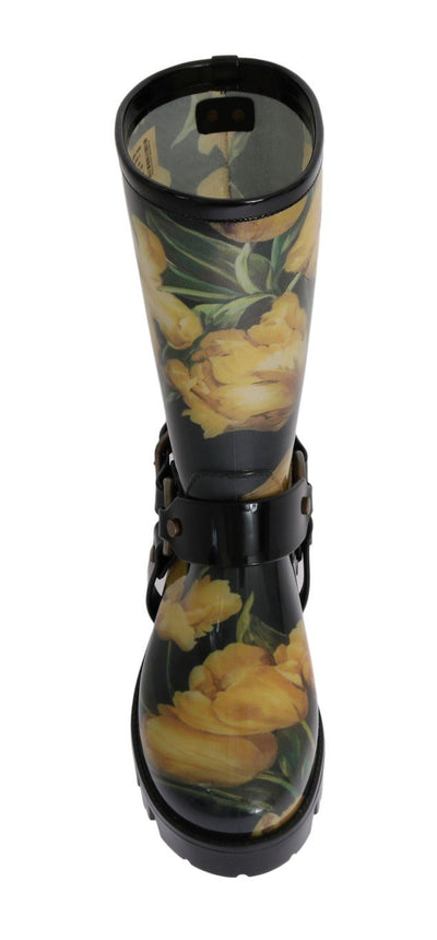 Black Rubber Yellow Tulip Print Boots
