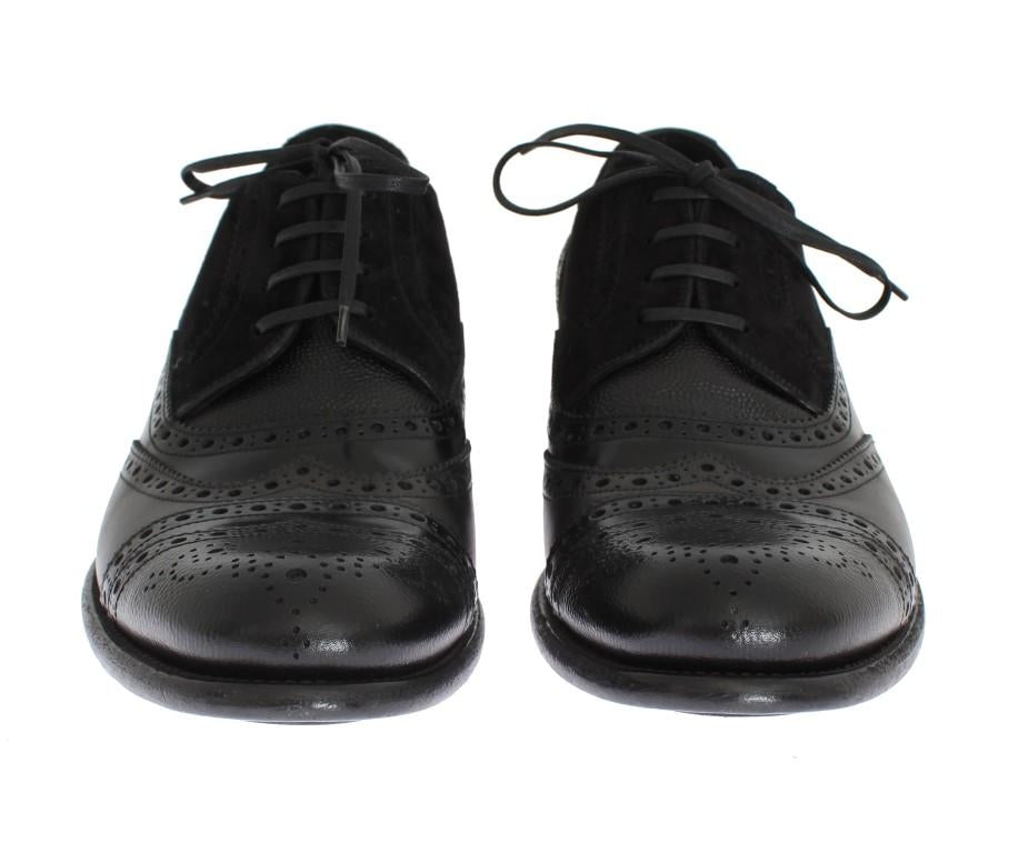Black Gray Leather Oxford Wingtip Shoes