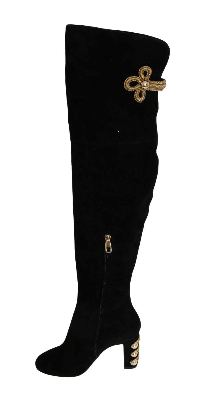 Black Suede Gold Studs Boots
