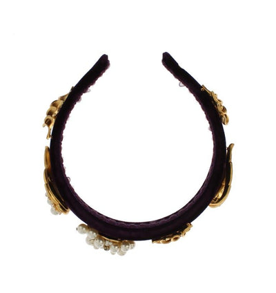 Purple Velvet Gold Brass Pearl Crystal Headband