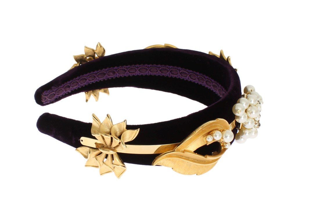 Purple Velvet Gold Brass Pearl Crystal Headband