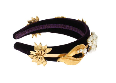 Purple Velvet Gold Brass Pearl Crystal Headband