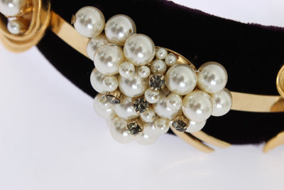 Purple Velvet Gold Brass Pearl Crystal Headband