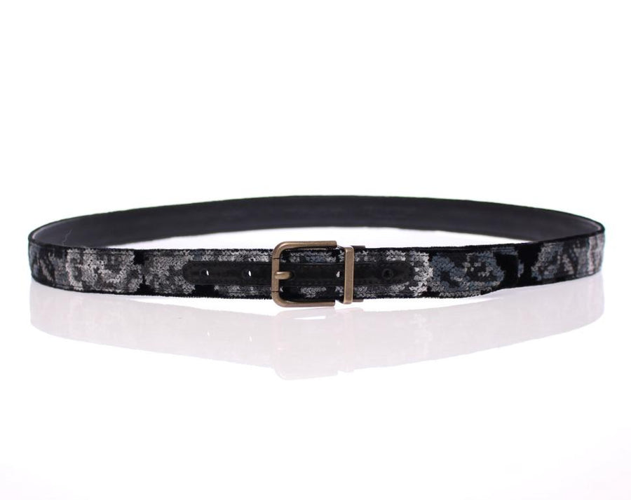 Black Leather Cotton Velvet Logo Belt
