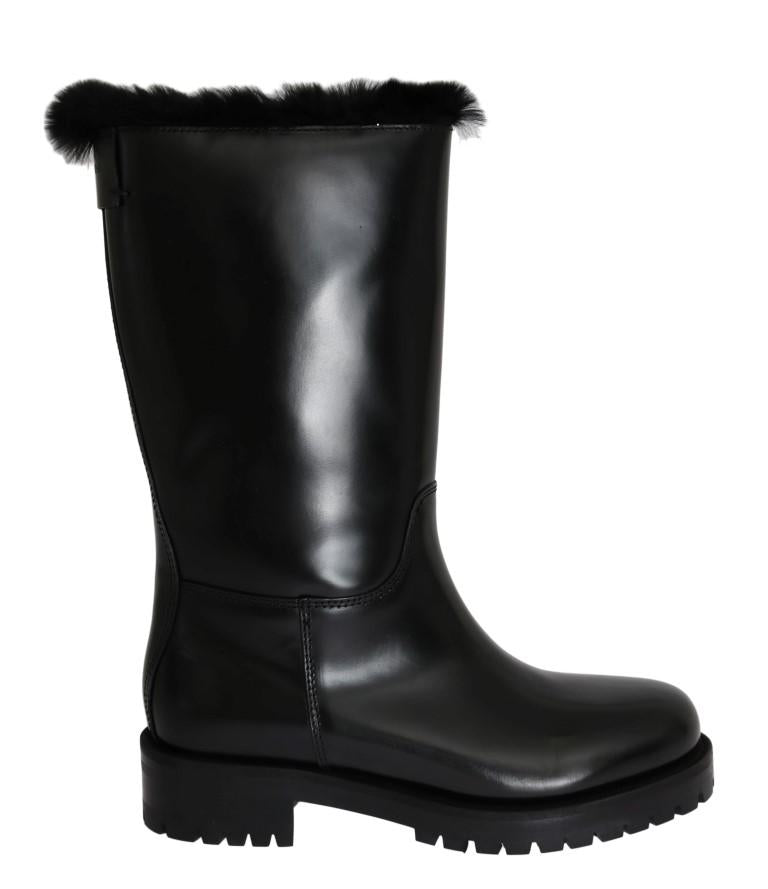 Black Leather Lapin Fur Boots