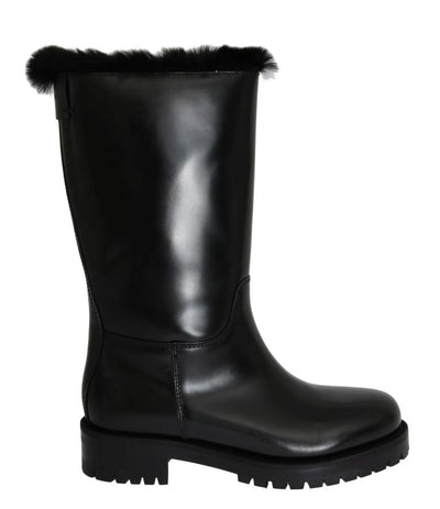Black Leather Lapin Fur Boots
