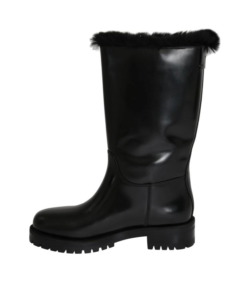 Black Leather Lapin Fur Boots