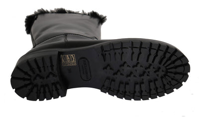 Black Leather Lapin Fur Boots