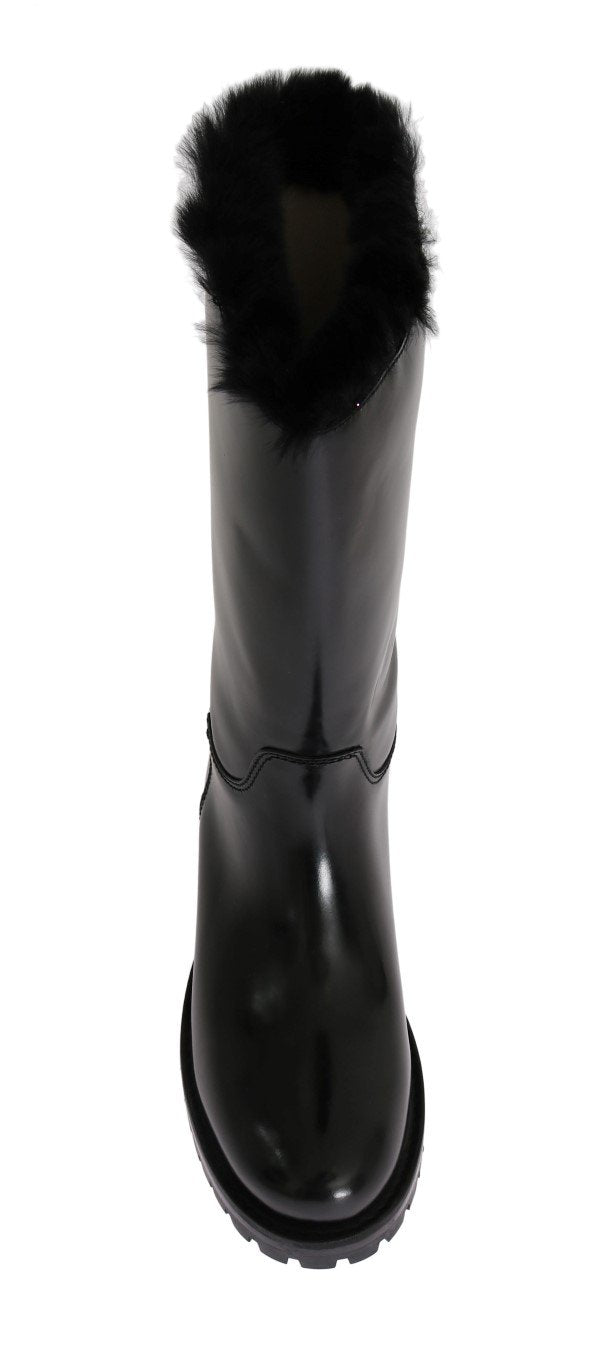 Black Leather Lapin Fur Boots