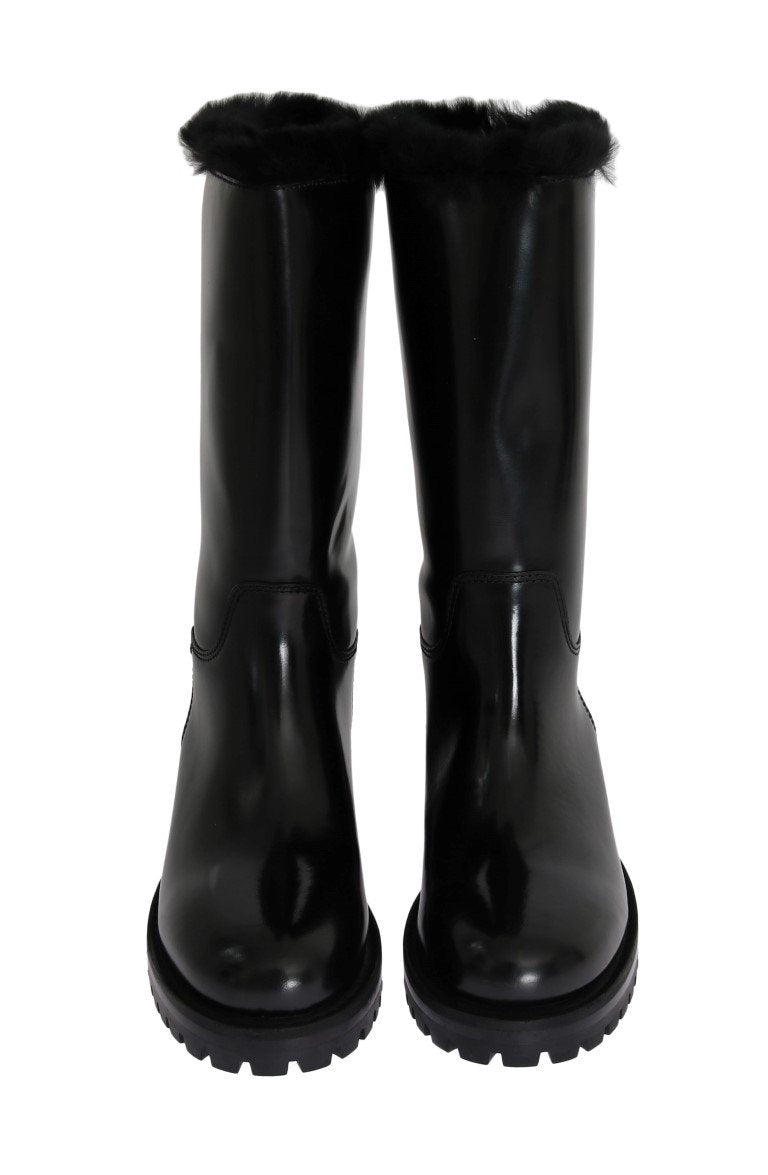 Black Leather Lapin Fur Boots