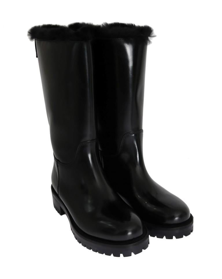 Black Leather Lapin Fur Boots