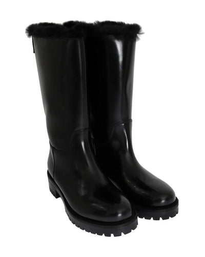 Black Leather Lapin Fur Boots