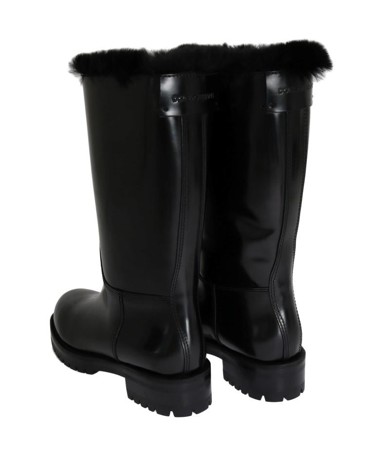 Black Leather Lapin Fur Boots