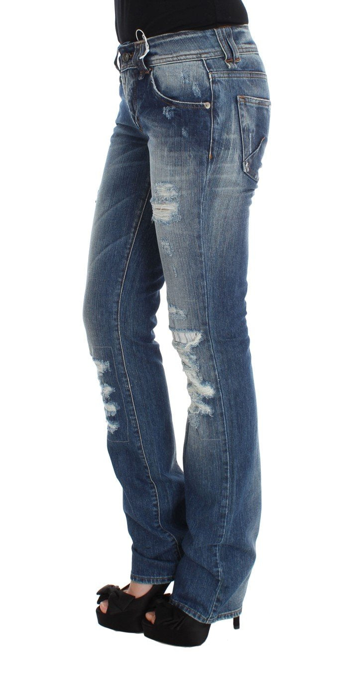 Blue Wash Cotton Blend Slim Fit Bootcut Jeans