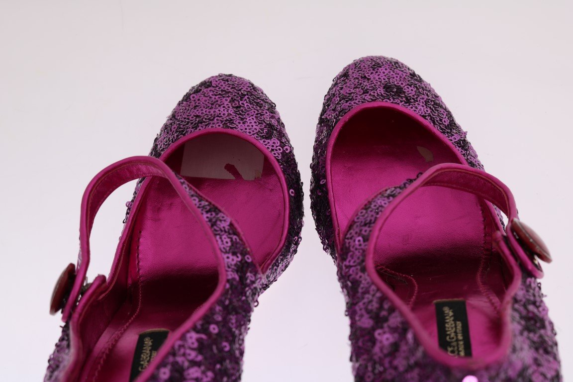 Purple Sequined Mary Janes Leather Shoes