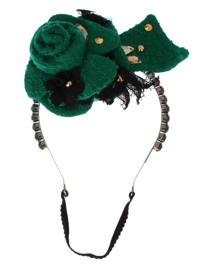 Green Roses Floral Crystal Silver Headband
