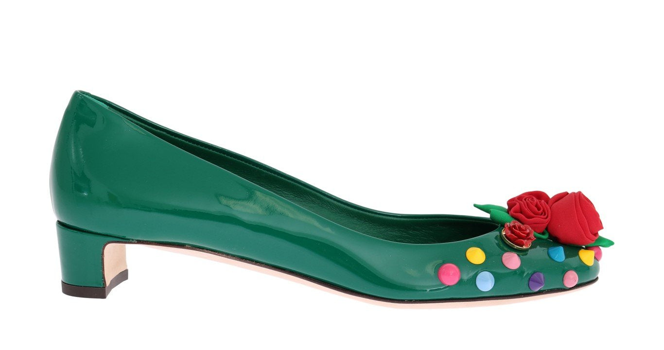 Green Leather Roses Studs Pumps