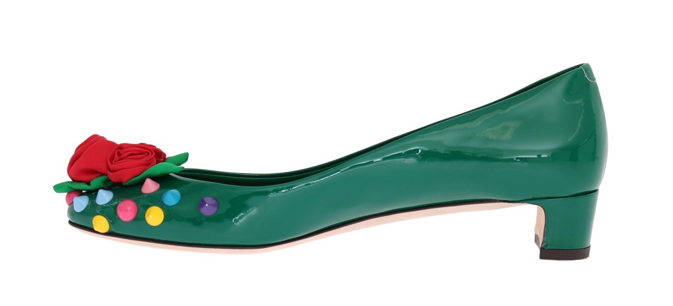 Green Leather Roses Studs Pumps