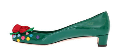 Green Leather Roses Studs Pumps
