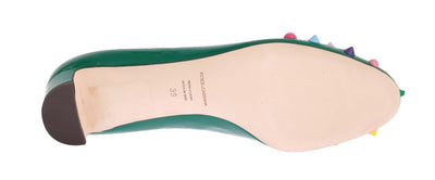 Green Leather Roses Studs Pumps