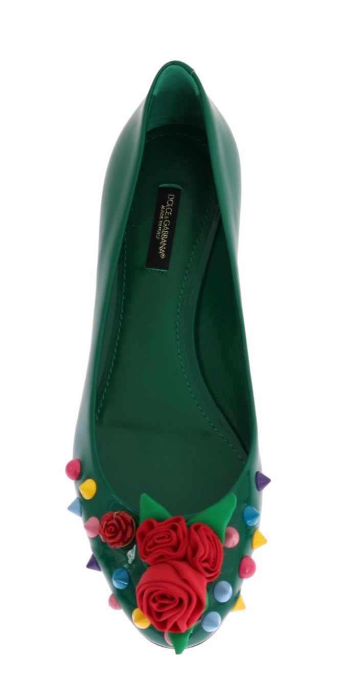 Green Leather Roses Studs Pumps