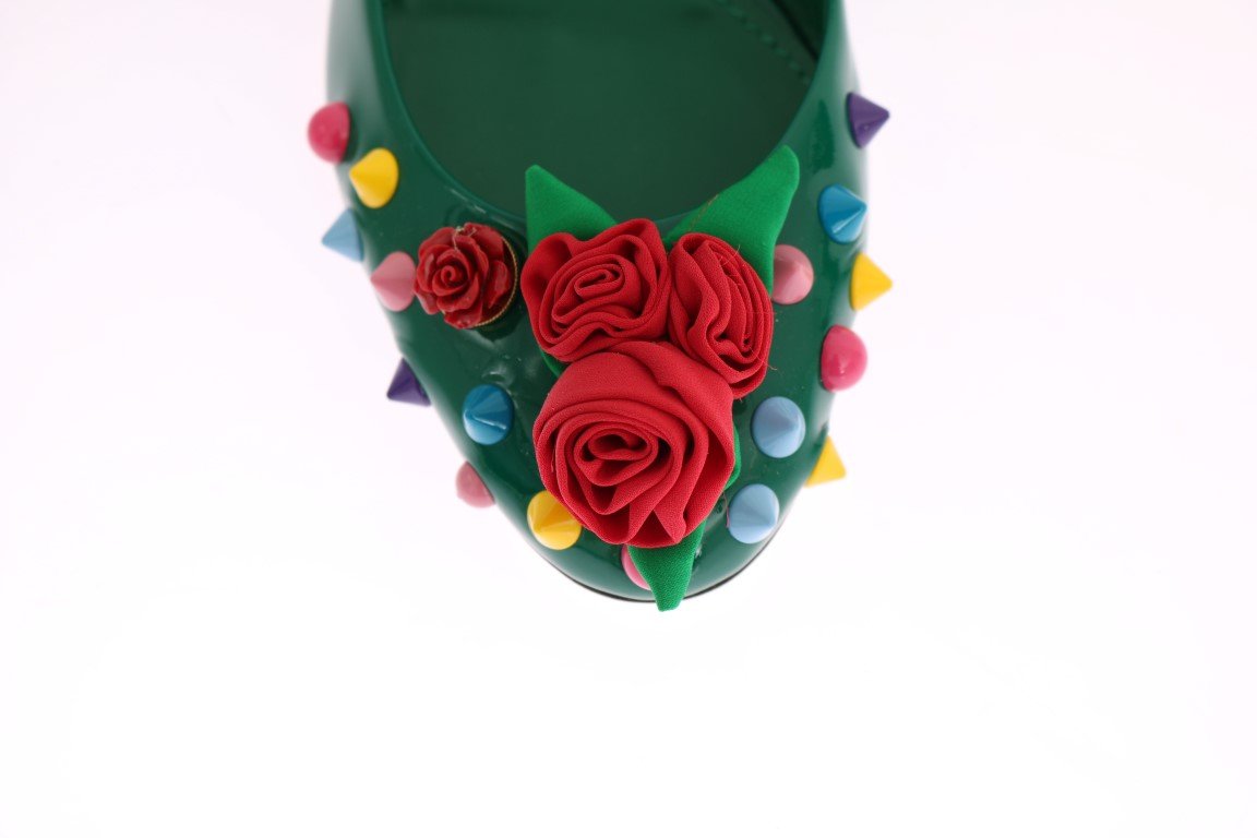 Green Leather Roses Studs Pumps