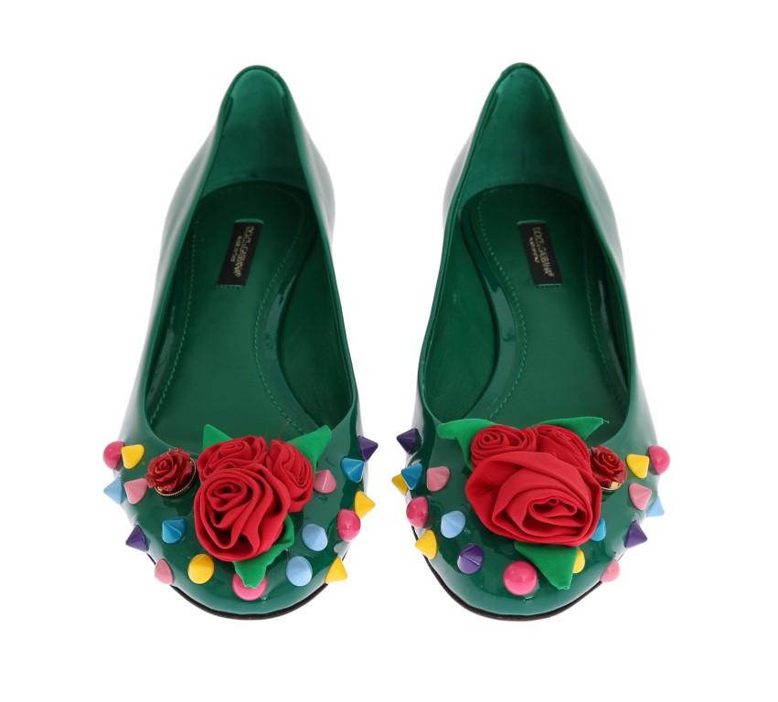 Green Leather Roses Studs Pumps