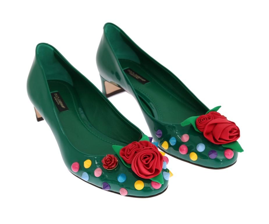 Green Leather Roses Studs Pumps