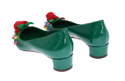 Green Leather Roses Studs Pumps
