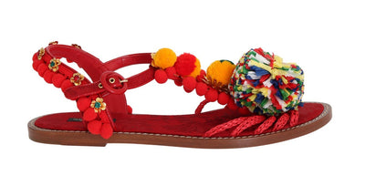 Red Leather Pom Pom Crystal Sandals