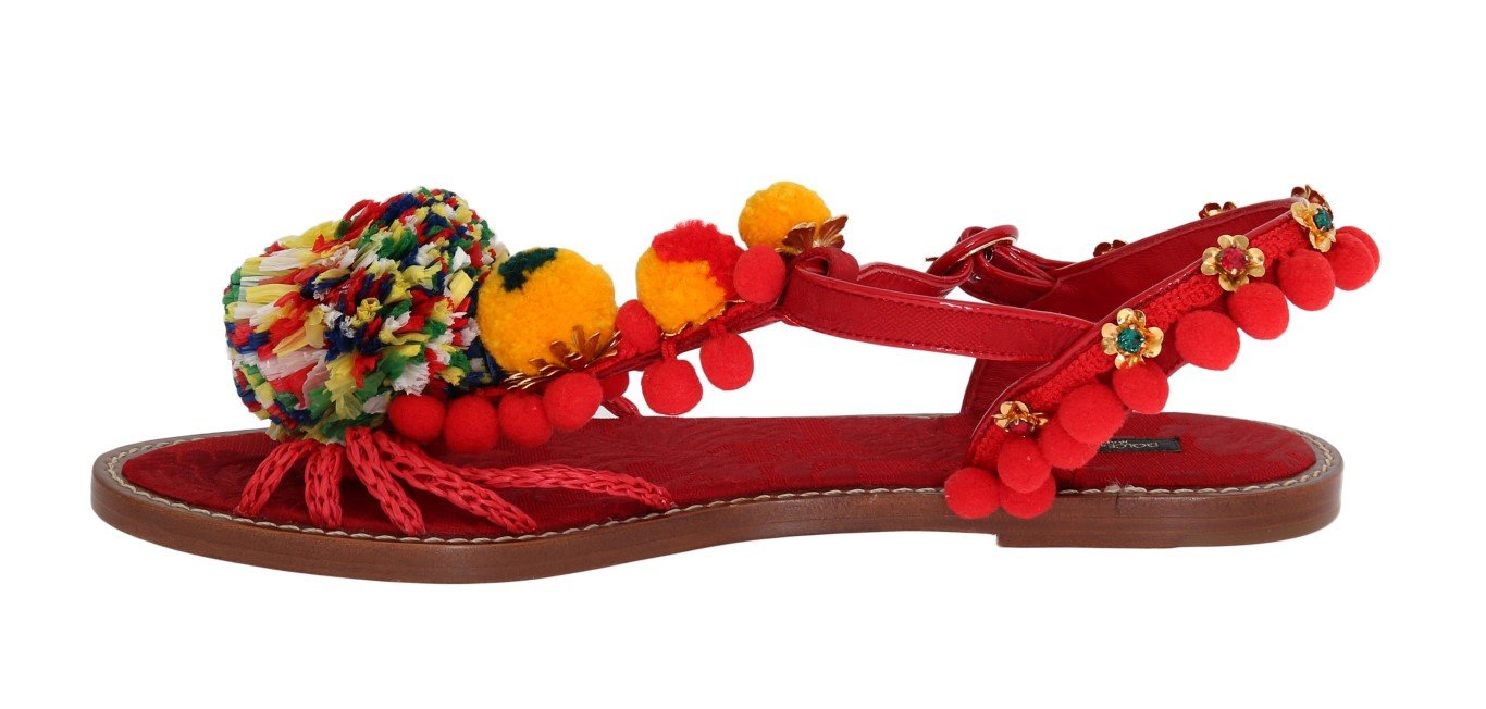 Red Leather Pom Pom Crystal Sandals